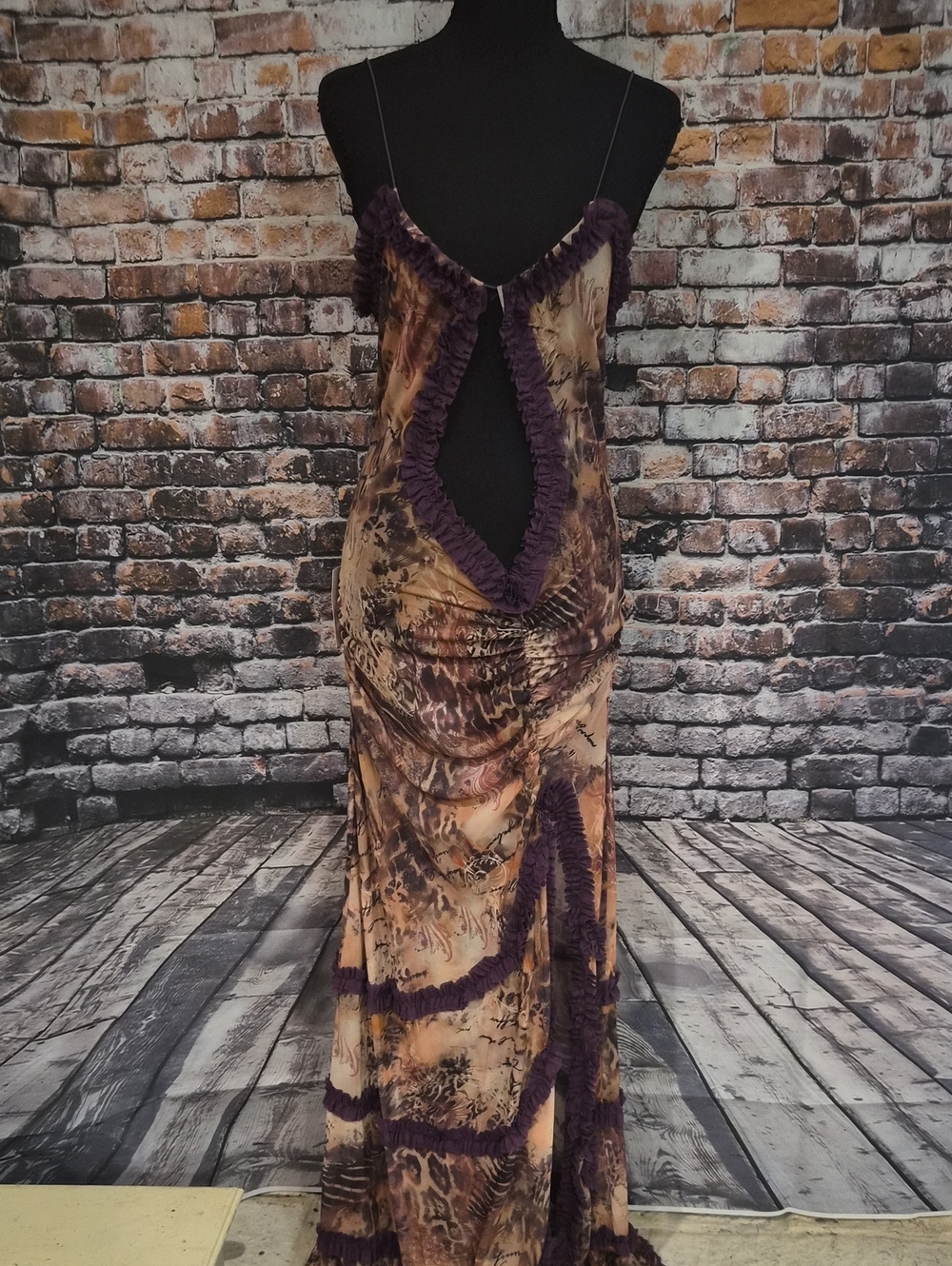 Nichole Lynel Backless Ruffle-Trim Maxi Dress in Brown and Purple